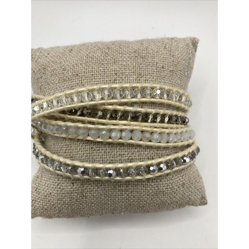 Victoria Emerson LEATHER WRAP‎ BRACELET White Silver crystal Strand 35"